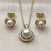 Oro Laminado Earring and Pendant Adult Set, Gold Filled Style Cluster and Ball Design, with Ivory Pearl and White Cubic Zirconia, Polished, Golden Finish, 10.156.0561