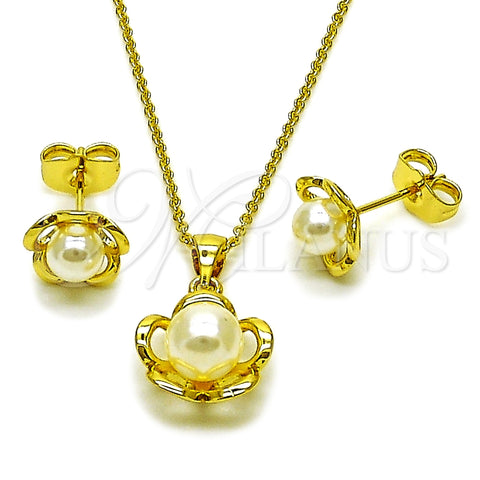 Oro Laminado Earring and Pendant Adult Set, Gold Filled Style Flower and Ball Design, with Ivory Pearl, Polished, Golden Finish, 10.156.0562