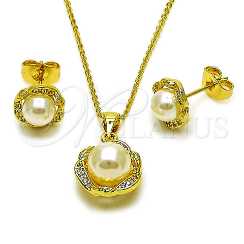 Oro Laminado Earring and Pendant Adult Set, Gold Filled Style Flower and Ball Design, with Ivory Pearl and White Micro Pave, Polished, Golden Finish, 10.156.0563