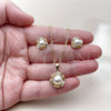 Oro Laminado Earring and Pendant Adult Set, Gold Filled Style Flower and Ball Design, with Ivory Pearl and White Micro Pave, Polished, Golden Finish, 10.156.0563