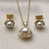 Oro Laminado Earring and Pendant Adult Set, Gold Filled Style Flower and Ball Design, with Ivory Pearl and White Micro Pave, Polished, Golden Finish, 10.156.0563