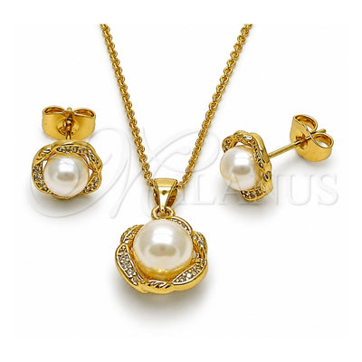 Oro Laminado Earring and Pendant Adult Set, Gold Filled Style Flower and Ball Design, with Ivory Pearl and White Micro Pave, Polished, Golden Finish, 10.156.0563