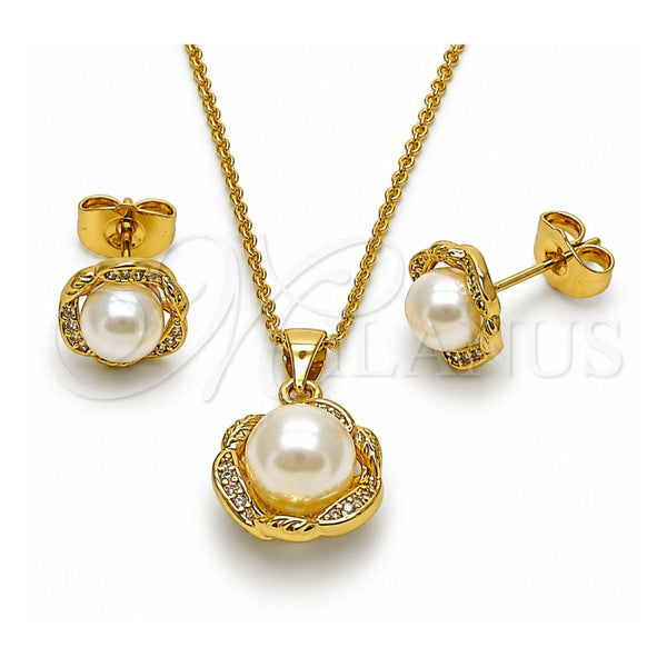 Oro Laminado Earring and Pendant Adult Set, Gold Filled Style Flower and Ball Design, with Ivory Pearl and White Micro Pave, Polished, Golden Finish, 10.156.0563