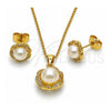 Oro Laminado Earring and Pendant Adult Set, Gold Filled Style Flower and Ball Design, with Ivory Pearl and White Micro Pave, Polished, Golden Finish, 10.156.0563