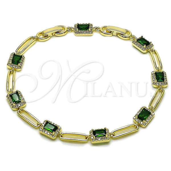 Oro Laminado Tennis Bracelet, Gold Filled Style Cluster Design, with Green and White Cubic Zirconia, Polished, Golden Finish, 03.196.0017.07