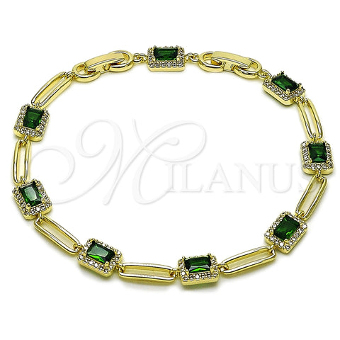 Oro Laminado Tennis Bracelet, Gold Filled Style Cluster Design, with Green and White Cubic Zirconia, Polished, Golden Finish, 03.196.0017.07