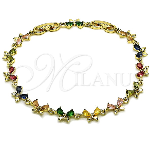 Oro Laminado Tennis Bracelet, Gold Filled Style Butterfly Design, with Multicolor Cubic Zirconia, Polished, Golden Finish, 03.196.0018.07