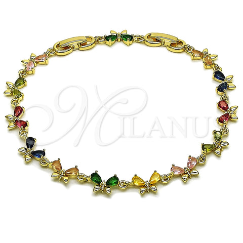 Oro Laminado Tennis Bracelet, Gold Filled Style Butterfly Design, with Multicolor Cubic Zirconia, Polished, Golden Finish, 03.196.0018.07