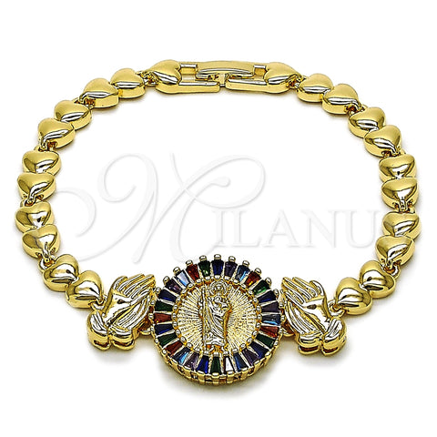 Oro Laminado Fancy Bracelet, Gold Filled Style San Judas Design, with Multicolor Cubic Zirconia, Polished, Golden Finish, 03.196.0020.07