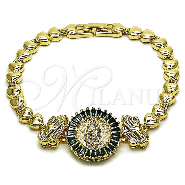 Oro Laminado Fancy Bracelet, Gold Filled Style Guadalupe Design, with Green Cubic Zirconia, Polished, Golden Finish, 03.196.0021.07