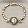 Oro Laminado Fancy Bracelet, Gold Filled Style Guadalupe and Praying Hands Design, with Green Cubic Zirconia, Polished, Golden Finish, 03.196.0021.07 (Thickness, 8 Inches Length)