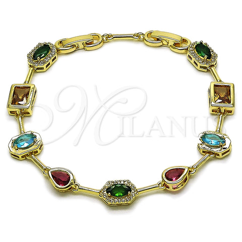 Oro Laminado Tennis Bracelet, Gold Filled Style Teardrop and Cluster Design, with Multicolor and White Cubic Zirconia, Polished, Golden Finish, 03.196.0019.1.07