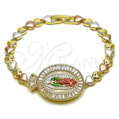 Oro Laminado Fancy Bracelet, Gold Filled Style Guadalupe and Heart Design, with White Cubic Zirconia, Polished, Tricolor, 03.196.0022.07