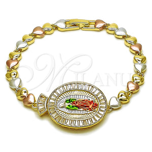 Oro Laminado Fancy Bracelet, Gold Filled Style Guadalupe and Heart Design, with White Cubic Zirconia, Polished, Tricolor, 03.196.0022.07 (Thickness, 8 Inches Length)
