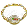 Oro Laminado Fancy Bracelet, Gold Filled Style Guadalupe and Heart Design, with White Cubic Zirconia, Polished, Tricolor, 03.196.0022.07 (Thickness, 8 Inches Length)
