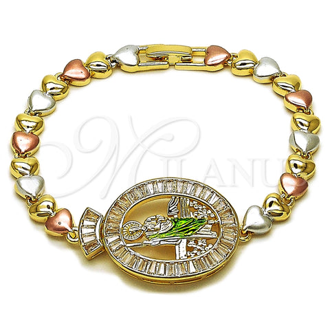 Oro Laminado Tennis Bracelet, Gold Filled Style San Judas and Heart Design, with White Cubic Zirconia, Polished, Tricolor, 03.196.0023.07