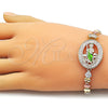 Oro Laminado Tennis Bracelet, Gold Filled Style San Judas and Heart Design, with White Cubic Zirconia, Polished, Tricolor, 03.196.0023.07 (Thickness, 8 Inches Length)