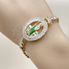 Oro Laminado Tennis Bracelet, Gold Filled Style San Judas and Heart Design, with White Cubic Zirconia, Polished, Tricolor, 03.196.0023.07 (Thickness, 8 Inches Length)