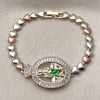 Oro Laminado Tennis Bracelet, Gold Filled Style San Judas and Heart Design, with White Cubic Zirconia, Polished, Tricolor, 03.196.0023.07 (Thickness, 8 Inches Length)