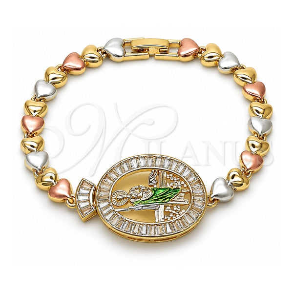 Oro Laminado Tennis Bracelet, Gold Filled Style San Judas and Heart Design, with White Cubic Zirconia, Polished, Tricolor, 03.196.0023.07 (Thickness, 8 Inches Length)