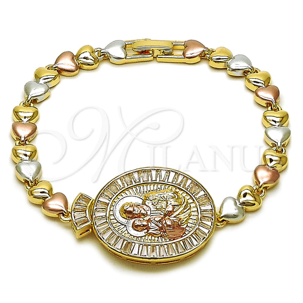 Oro Laminado Fancy Bracelet, Gold Filled Style Sagrado Corazon de Maria and Heart Design, with White Cubic Zirconia, Polished, Golden Finish, 03.196.0024.07