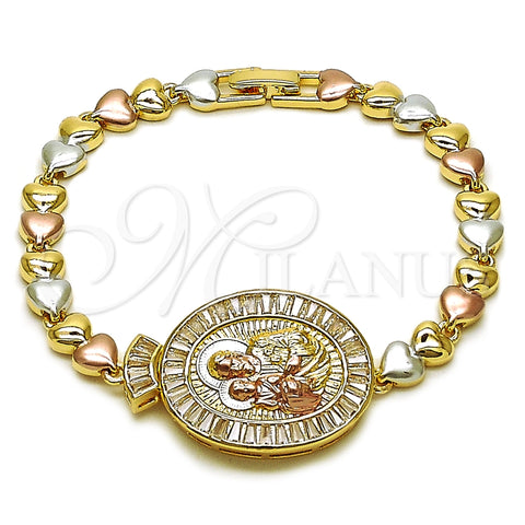 Oro Laminado Fancy Bracelet, Gold Filled Style Sagrado Corazon de Maria and Heart Design, with White Cubic Zirconia, Polished, Golden Finish, 03.196.0024.07