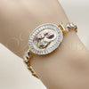Oro Laminado Fancy Bracelet, Gold Filled Style Sagrado Corazon de Maria and Heart Design, with White Cubic Zirconia, Polished, Golden Finish, 03.196.0024.07 (Thickness, 8 Inches Length)