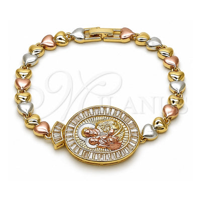 Oro Laminado Fancy Bracelet, Gold Filled Style Sagrado Corazon de Maria and Heart Design, with White Cubic Zirconia, Polished, Golden Finish, 03.196.0024.07 (Thickness, 8 Inches Length)
