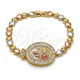 Oro Laminado Fancy Bracelet, Gold Filled Style Sagrado Corazon de Maria and Heart Design, with White Cubic Zirconia, Polished, Golden Finish, 03.196.0024.07 (Thickness, 8 Inches Length)