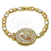 Oro Laminado Fancy Bracelet, Gold Filled Style Sagrado Corazon de Maria and Heart Design, with White Cubic Zirconia, Polished, Golden Finish, 03.196.0024.07 (Thickness, 8 Inches Length)