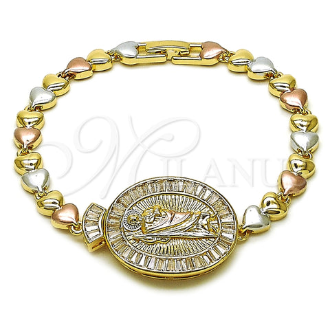 Oro Laminado Fancy Bracelet, Gold Filled Style San Judas and Baguette Design, with White Cubic Zirconia, Polished, Tricolor, 03.196.0025.07