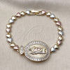 Oro Laminado Fancy Bracelet, Gold Filled Style San Judas and Baguette Design, with White Cubic Zirconia, Polished, Tricolor, 03.196.0025.07 (Thickness, 8 Inches Length)