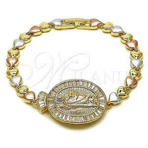 Oro Laminado Fancy Bracelet, Gold Filled Style San Judas and Baguette Design, with White Cubic Zirconia, Polished, Tricolor, 03.196.0025.07 (Thickness, 8 Inches Length)