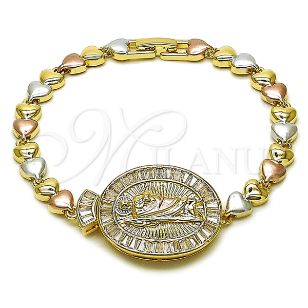 Oro Laminado Fancy Bracelet, Gold Filled Style San Judas and Baguette Design, with White Cubic Zirconia, Polished, Tricolor, 03.196.0025.07 (Thickness, 8 Inches Length)
