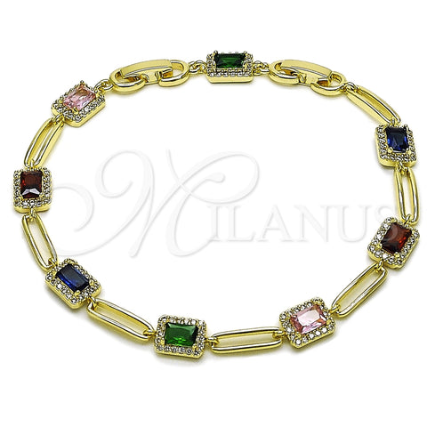Oro Laminado Tennis Bracelet, Gold Filled Style Cluster Design, with White and Multicolor Cubic Zirconia, Polished, Golden Finish, 03.196.0017.1.07