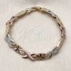 Oro Laminado Solid Bracelet, Gold Filled Style Hugs and Kisses Design, Matte Finish, Tricolor, 03.196.0026.08 (Thickness, 8 Inches Length)