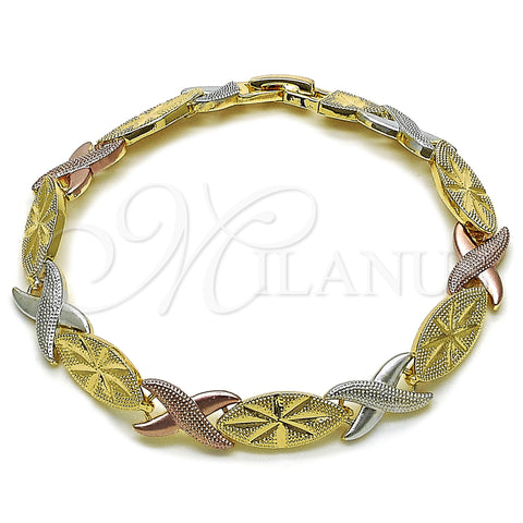 Oro Laminado Solid Bracelet, Gold Filled Style Hugs and Kisses Design, Matte Finish, Tricolor, 03.196.0026.08 (Thickness, 8 Inches Length)