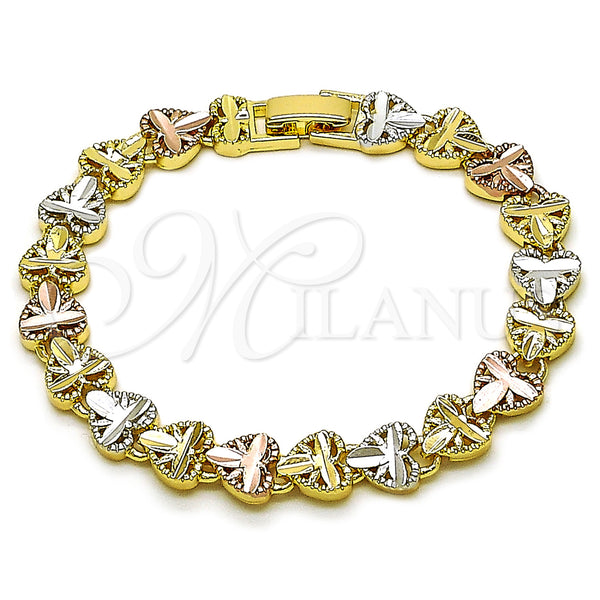 Oro Laminado Solid Bracelet, Gold Filled Style Heart Design, Diamond Cutting Finish, Tricolor, 03.196.0027.07 (Thickness, 7 Inches Length)