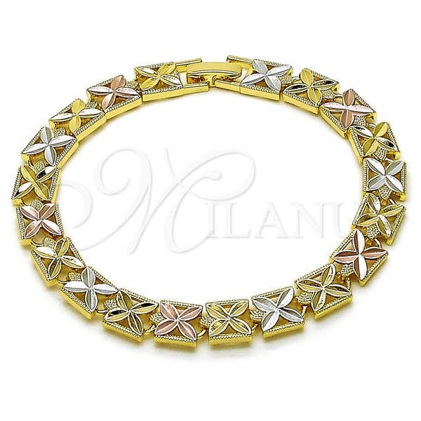 Oro Laminado Solid Bracelet, Gold Filled Style Four-leaf Clover Design, Diamond Cutting Finish, Tricolor, 03.196.0028.07