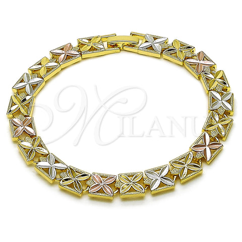 Oro Laminado Solid Bracelet, Gold Filled Style Four-leaf Clover Design, Diamond Cutting Finish, Tricolor, 03.196.0028.07