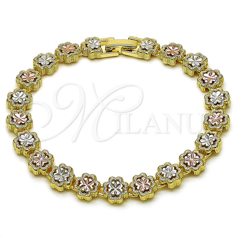 Oro Laminado Solid Bracelet, Gold Filled Style Four-leaf Clover Design, Diamond Cutting Finish, Tricolor, 03.196.0029.07