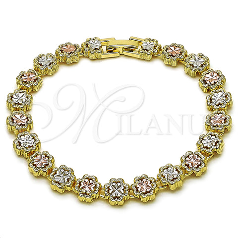 Oro Laminado Solid Bracelet, Gold Filled Style Four-leaf Clover Design, Diamond Cutting Finish, Tricolor, 03.196.0029.07 (Thickness, 8 Inches Length)