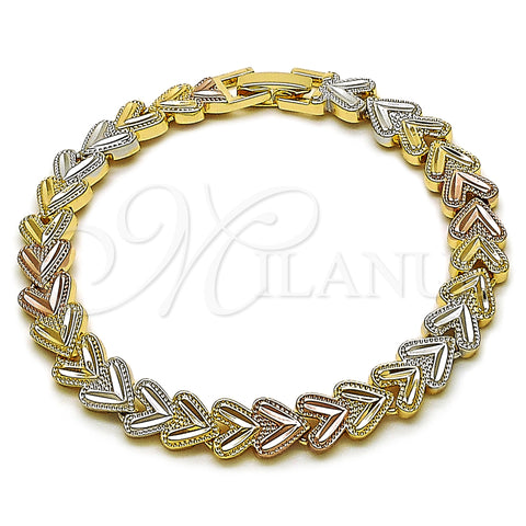 Oro Laminado Solid Bracelet, Gold Filled Style Heart Design, Diamond Cutting Finish, Tricolor, 03.413.0004.1.07 (Thickness, 7 Inches Length)