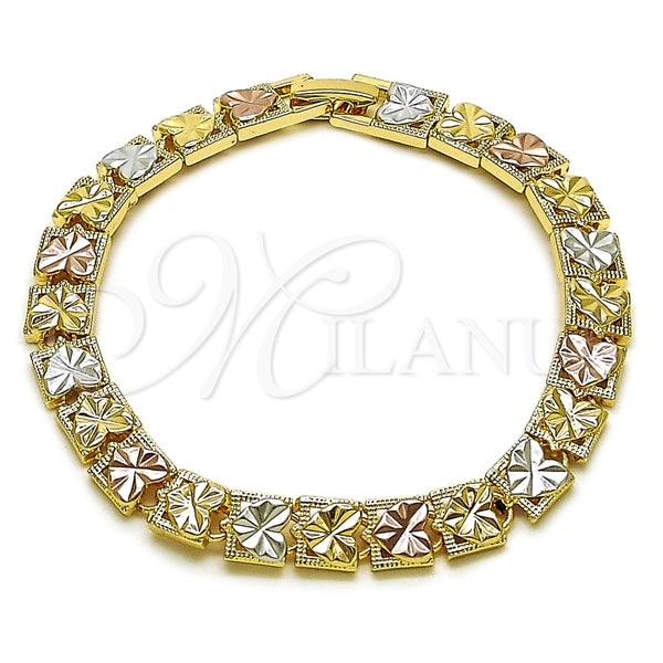 Oro Laminado Solid Bracelet, Gold Filled Style Heart Design, Diamond Cutting Finish, Tricolor, 03.196.0030.07