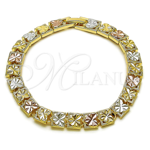 Oro Laminado Solid Bracelet, Gold Filled Style Heart Design, Diamond Cutting Finish, Tricolor, 03.196.0030.07