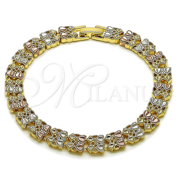 Oro Laminado Solid Bracelet, Gold Filled Style Heart Design, Diamond Cutting Finish, Tricolor, 03.196.0031.07
