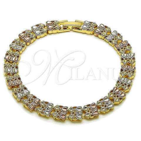 Oro Laminado Solid Bracelet, Gold Filled Style Heart Design, Diamond Cutting Finish, Tricolor, 03.196.0031.07
