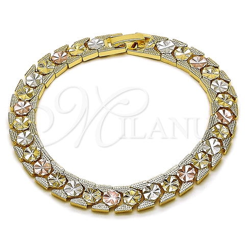 Oro Laminado Solid Bracelet, Gold Filled Style Flower Design, Diamond Cutting Finish, Tricolor, 03.196.0032.07 (08 MM Thickness, 7 Inches Length)