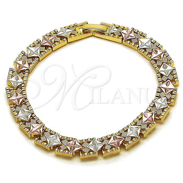 Oro Laminado Solid Bracelet, Gold Filled Style Star Design, Diamond Cutting Finish, Tricolor, 03.196.0033.07 (08 MM Thickness, 8 Inches Length)