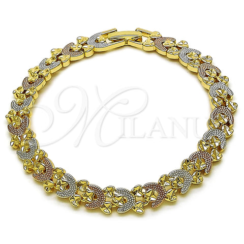 Oro Laminado Solid Bracelet, Gold Filled Style Heart Design, Diamond Cutting Finish, Tricolor, 03.196.0034.07